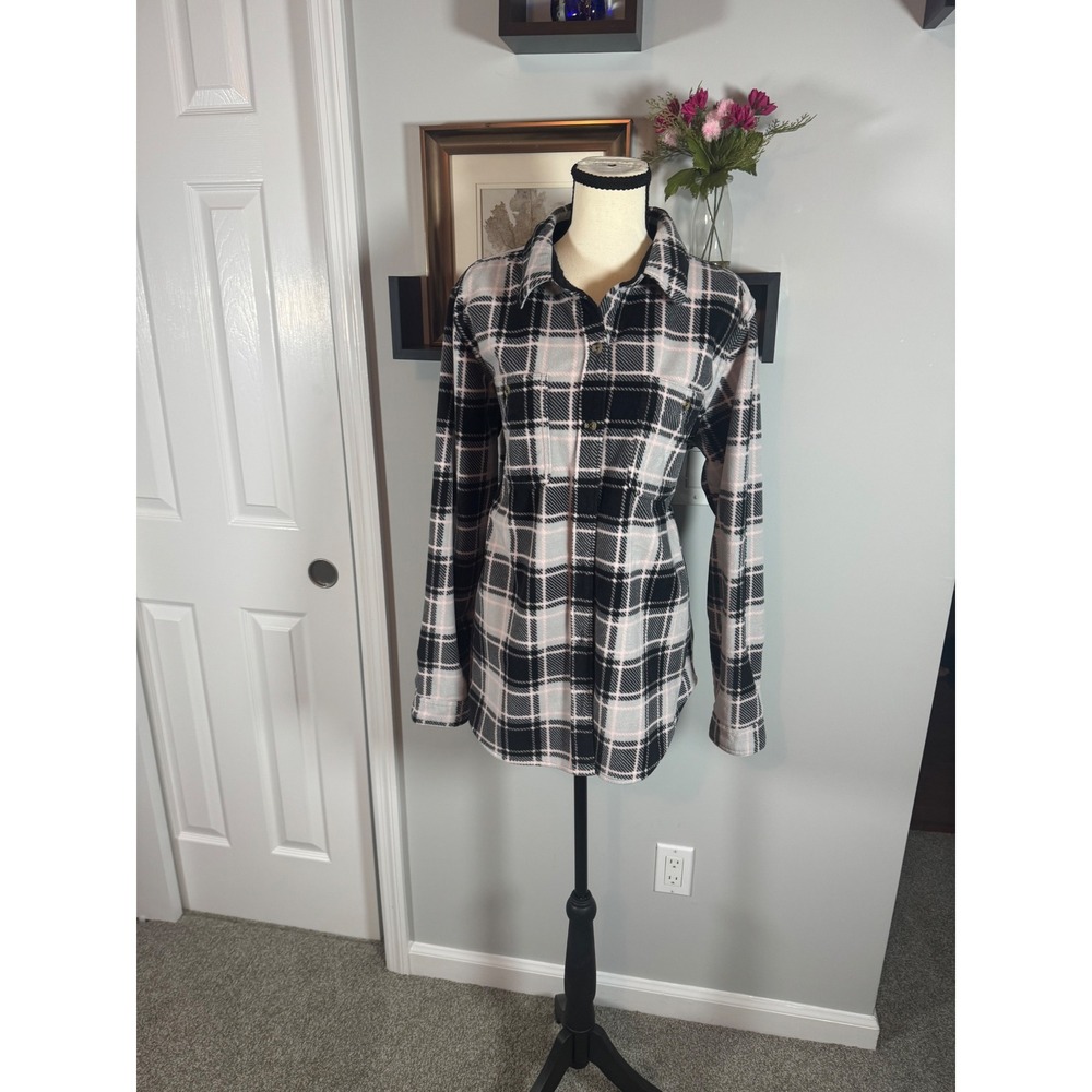 Time and Tru Womens XL Black Gray Pink Plaid Fleece Button Down Shirt Shirt